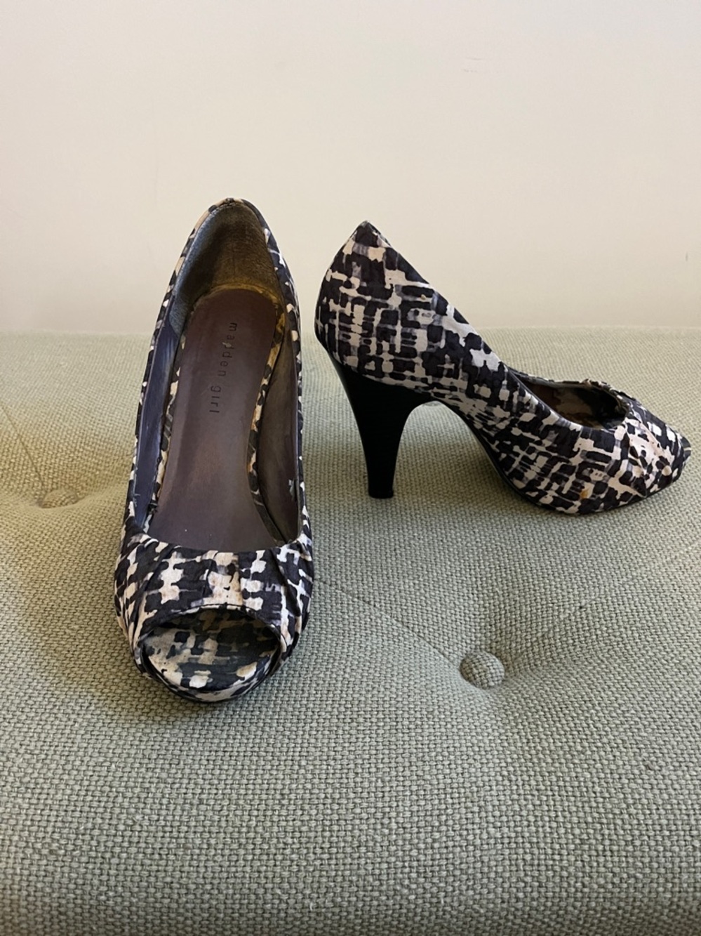 Madden Girl Brown and Cream Patterned Peep-Toe Heels